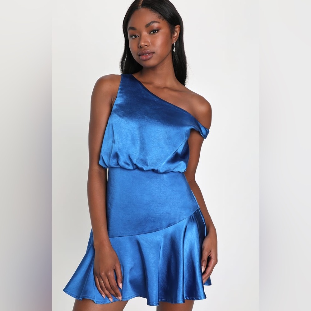Lulus Iconic Crush Blue Satin One Shoulder Mini Dress